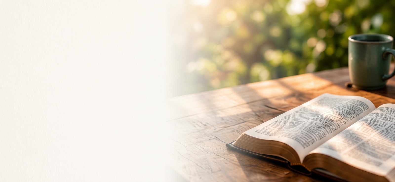 Open Bible and coffee on wooden table